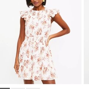 Loft mini A-line Sundress Smocked ruffles floral cotton , cap sleeves, sz M.